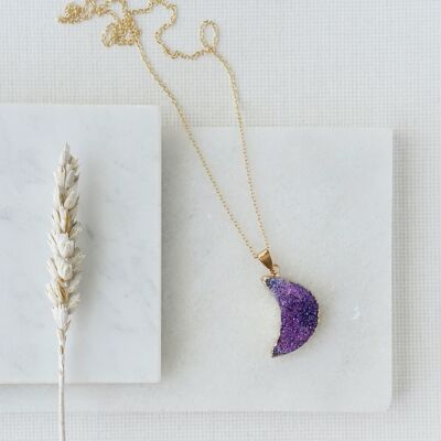 Gold Tone Raw Purple Crystal Half Moon Necklace