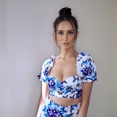 Blue Butterfly Printed Crop Top With Short Puff Sleeves