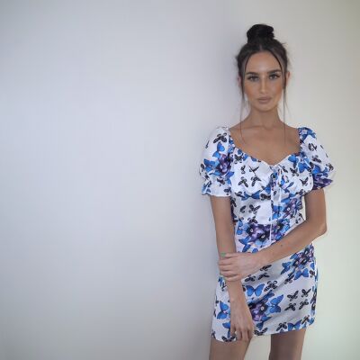 Blue Butterfly Printed Tie Bust Mini Dress