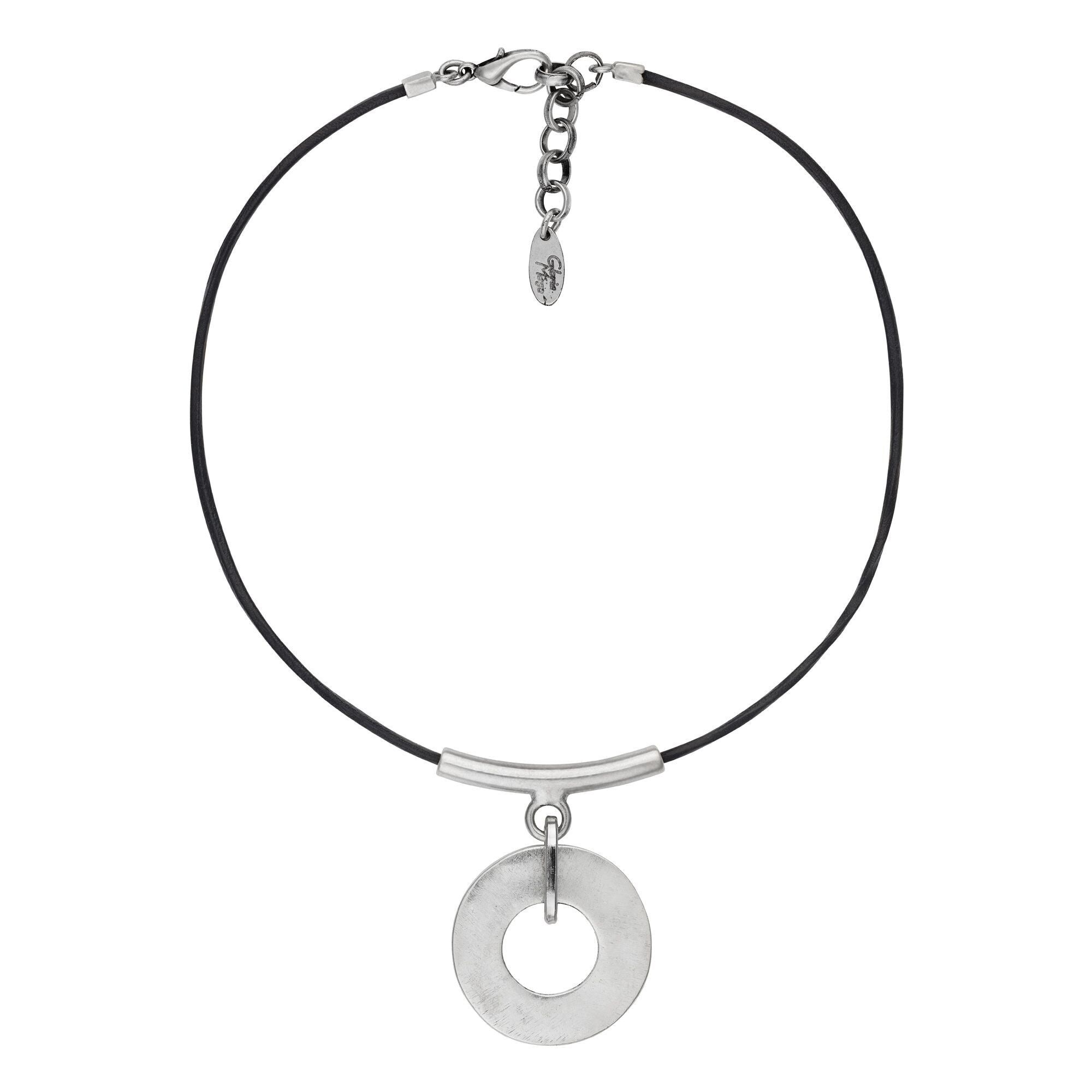 Girocollo in pelle Gloria Mago cerchio pendente placcato argento nero 40 cm