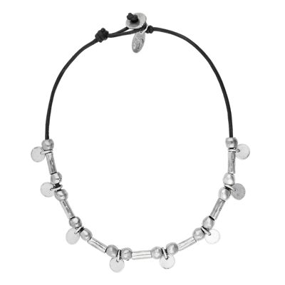 Black leather choker with mini silver plated medals