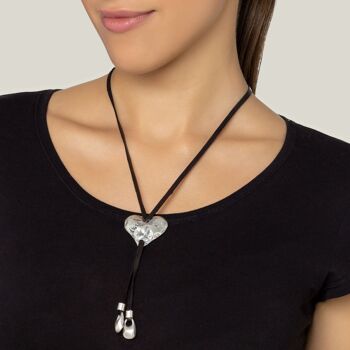 Collier cuir noir porte-cravate coeur plaqué argent 2