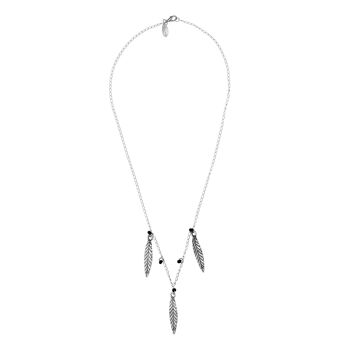 Collier plume moyen plaqué argent avec cristaux noirs 1