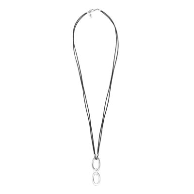 Collier long en cuir noir avec maillons plaqués argent