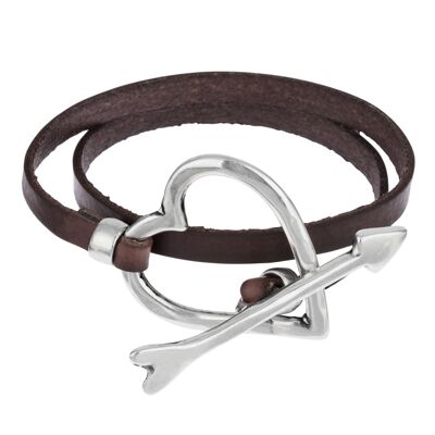 Bracelet cuir marron double coeur plaqué argent