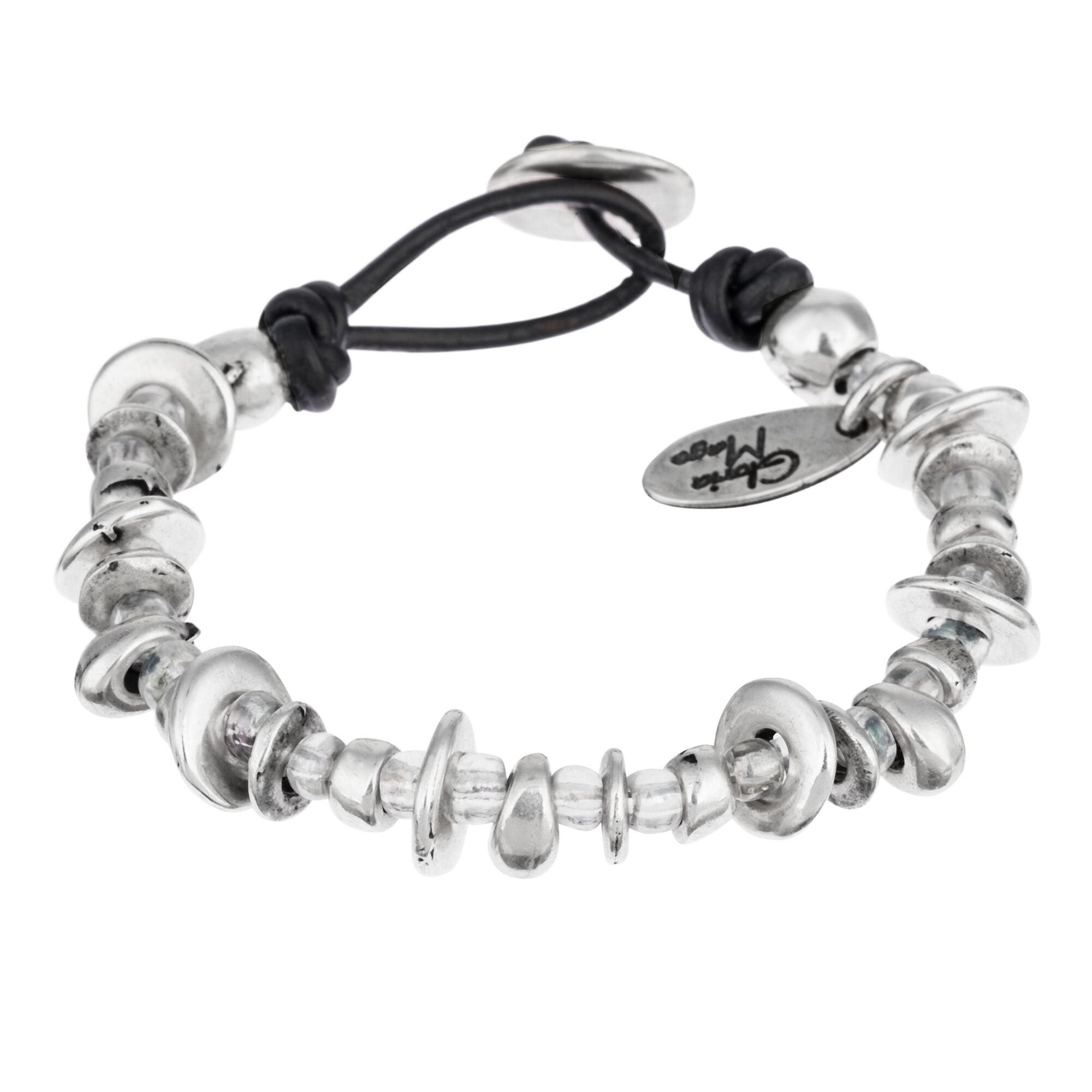 Bracciale in pelle nera e cristallo placcato argento