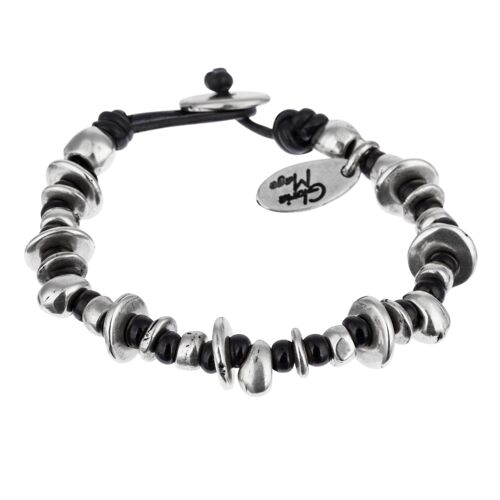 Pulsera cuero negro y plata chapado- cristales negros