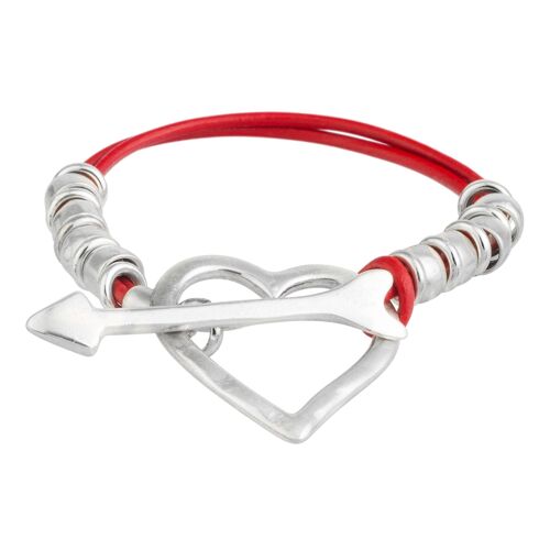 Pulsera cuero rojo con cierre corazón plata chapado