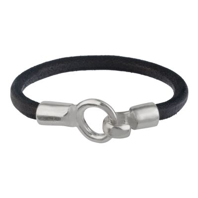 Pulsera cuero negro y cierre gancho plata chapado