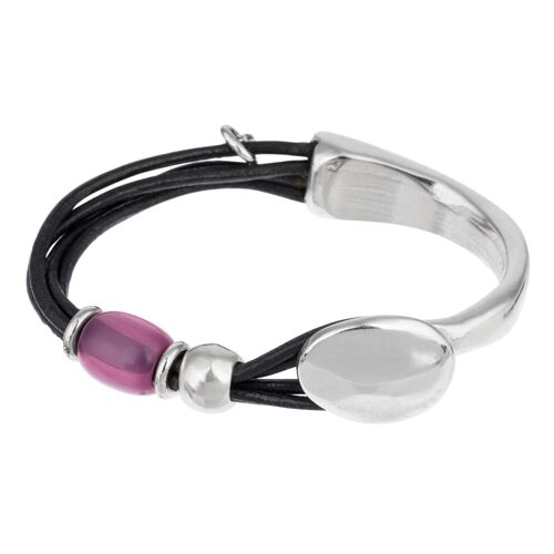 Pulsera cuero negro y resina amatista plata chapado