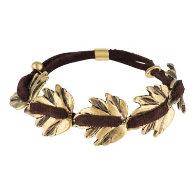 Bracelet cuir marron et feuilles dorées