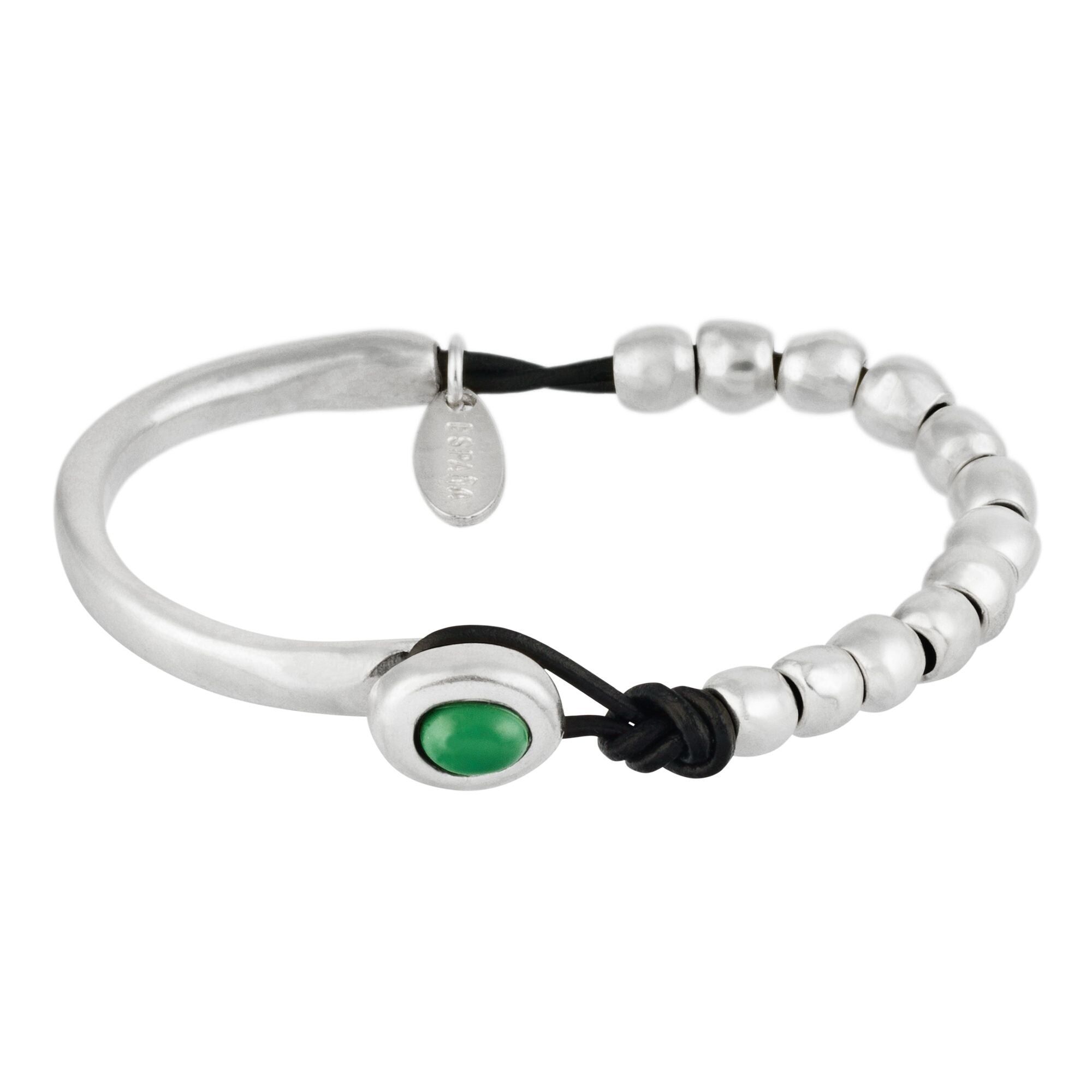 Bracciale in pelle placcata argento e resina verde smeraldo