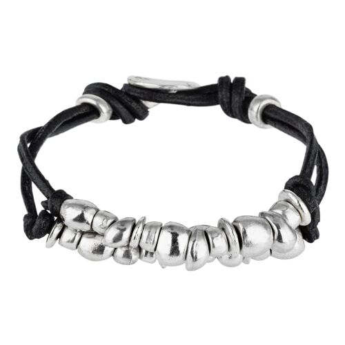 Pulsera plata y cuero Gloria Mago doble cuero negro plata chapado zamak