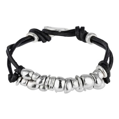 Gloria Mago bracelet argent et cuir double cuir noir zamak plaqué argent