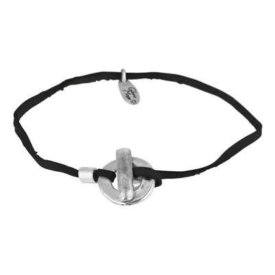 Pulsera piel negro cierre aro plata chapado