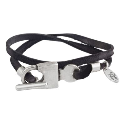Bracelet cadenas en cuir noir avec fermoir plaqué argent