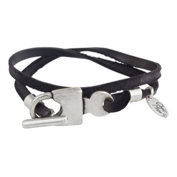 Bracelet cadenas en cuir noir avec fermoir plaqué argent 1