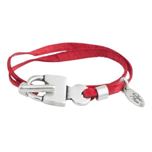 Pulsera piel rojo candado cierre plata chapado