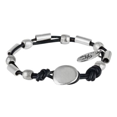 Gloria Mago silbernes Lederarmband, schwarzes Leder, versilberter silberner Knopfverschluss