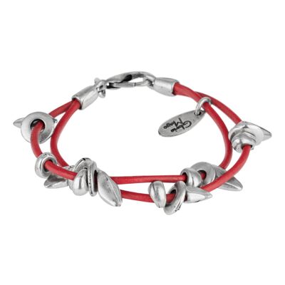 Bracciale in pelle rossa a doppia striscia placcato argento