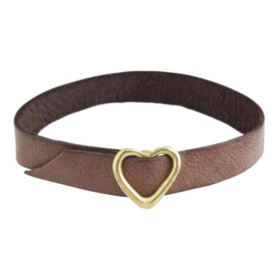 Bracciale in pelle marrone con fibbia a cuore dorata