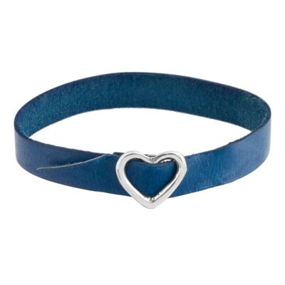 Bracciale in pelle blu con fibbia a cuore placcata argento