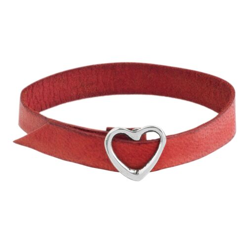 Pulsera piel rojo hebilla corazón chapado plata