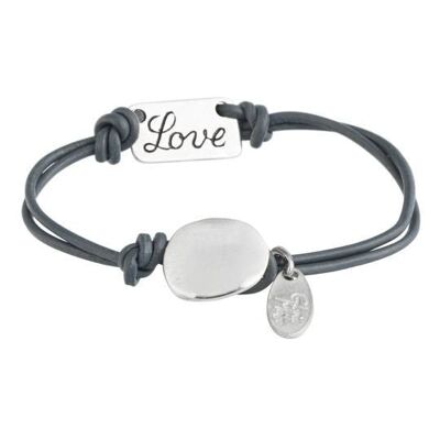 Bracelet cuir gris basique Gloria Mago message "Love" argent plaqué argent