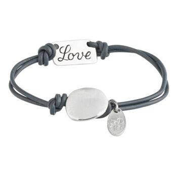 Gloria Mago bracelet basique cuir gris "Love" message argent plaqué argent 1