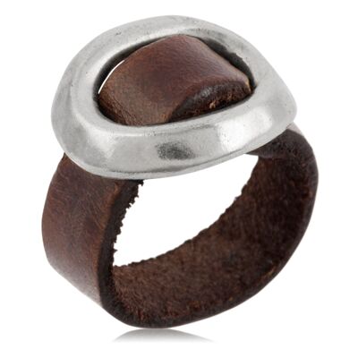 Bague en cuir Gloria Mago boucle argentée cuir marron argenté plaqué réglable