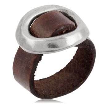 Bague Gloria Mago en cuir boucle argentée cuir marron argenté ajustable 1