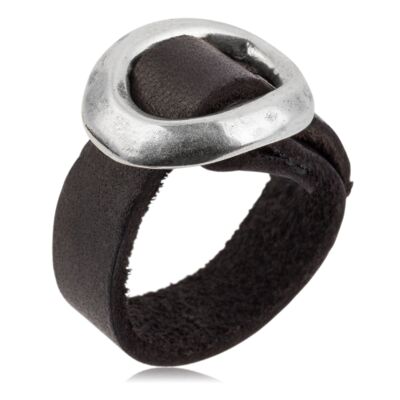 Anillo Gloria Mago cuero piel negro ajustable hebilla plata925 chapado plateado