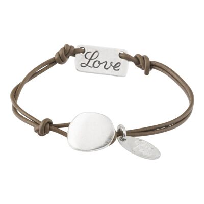 Bracelet basique Gloria Mago cuir de vison marron message "Love" argent plaqué argent