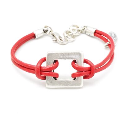 Pulsera Gloria Mago cuero rojo y cuadrado plata chapado plateado