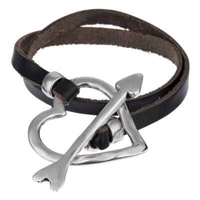 Bracciale in pelle nera e chiusura a cuore placcato argento