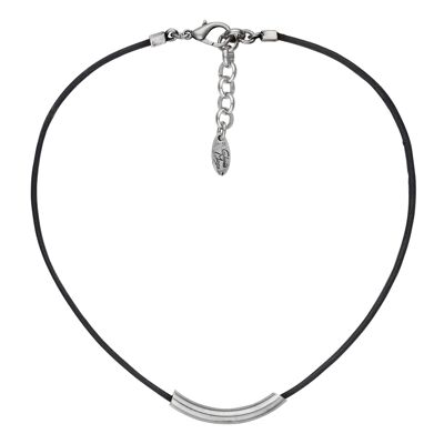 Gloria Mago Halsband aus silbernem Leder, Halskette aus schwarzem Leder und versilbertem Silberrohr, 40 cm lang