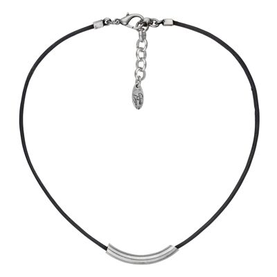 Collier ras de cou cuir argenté Gloria Mago cuir noir et tube argent plaqué argent 40cm