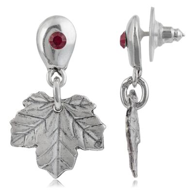 Boucle d'oreille feuille rouge argent-Swarovski