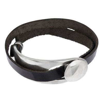 Bracelet cuir argent noir GD double tour