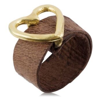 Bague boucle coeur ajustable en cuir marron doré 1