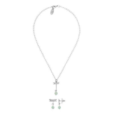 Silbernes Halskette-Ohrring-Set „Aventurin-Libelle“
