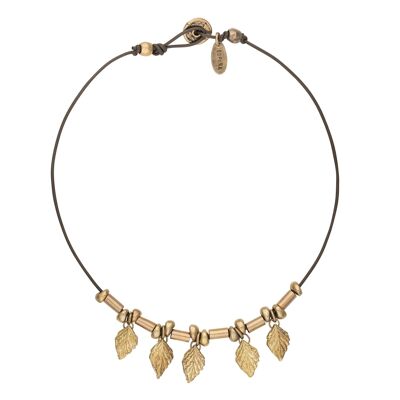 Halskette aus Leder und Zamak mit goldenen Blättern, 40 cm