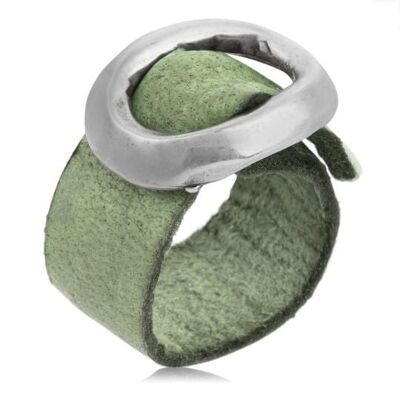 Gloria Mago Lederring Silber 925 Zamak plattiert „Basic“ verstellbare grüne Lederschnalle
