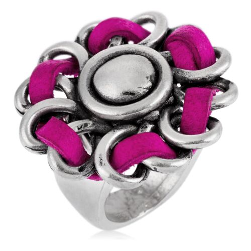 Anillo plata925 chapado piel cosido flor fuschia