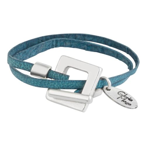 Pulsera doble piel azul y plata chapado cuadrado