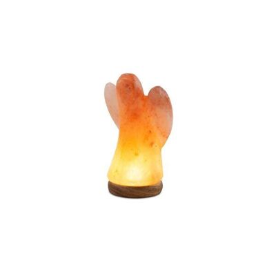 Ángel de Cristal de Sal del Himalaya pequeño sobre base de madera naranja con lámpara LED, 45141-1, 13 cm de alto