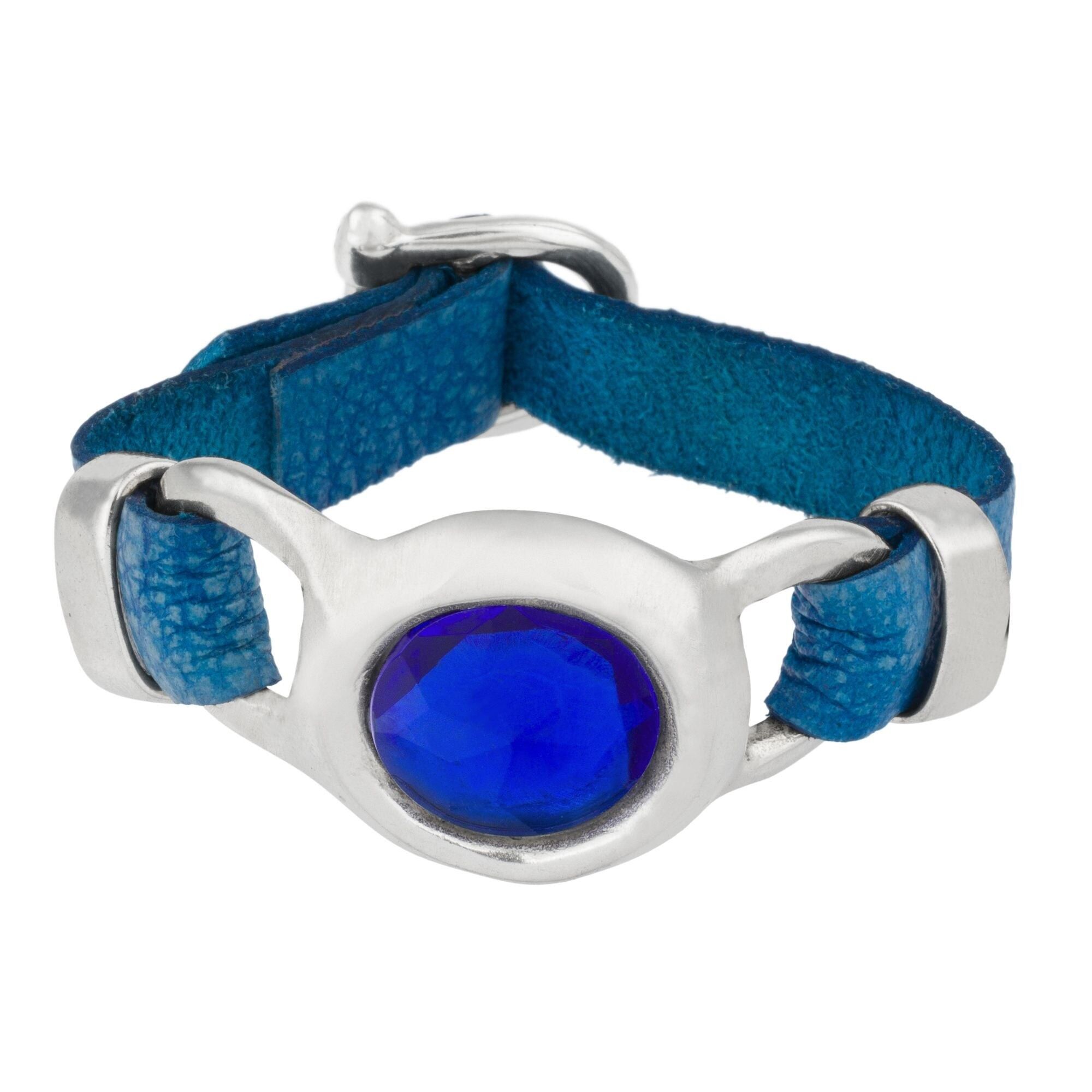 Bracciale in pelle blu e pelle argento e cristalli blu