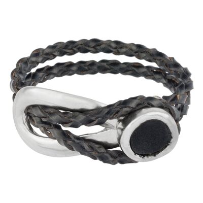 Doppio bracciale in pelle rolo nero zama argento