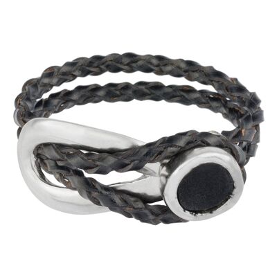 Double leather bracelet black rolo silver zamak