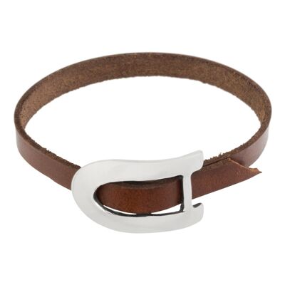 Bracelet en cuir marron et argent avec boucle centrale